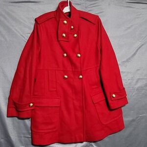 Via Spiga Coat Womens 16 Cardinal Red Wool Pea Military Gold Button Mid Length